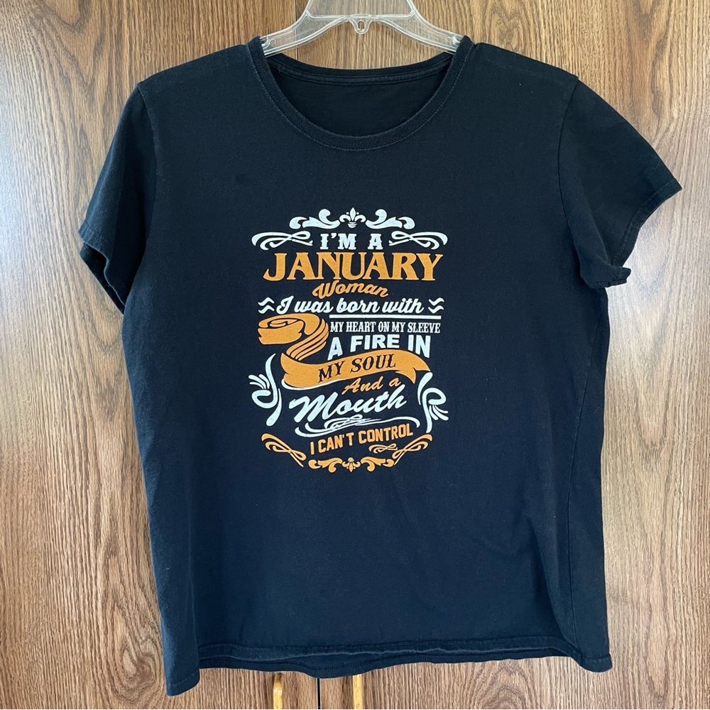January Woman T-Shirt Black Graphic Design Missing Size & Content Tag Chest 44”